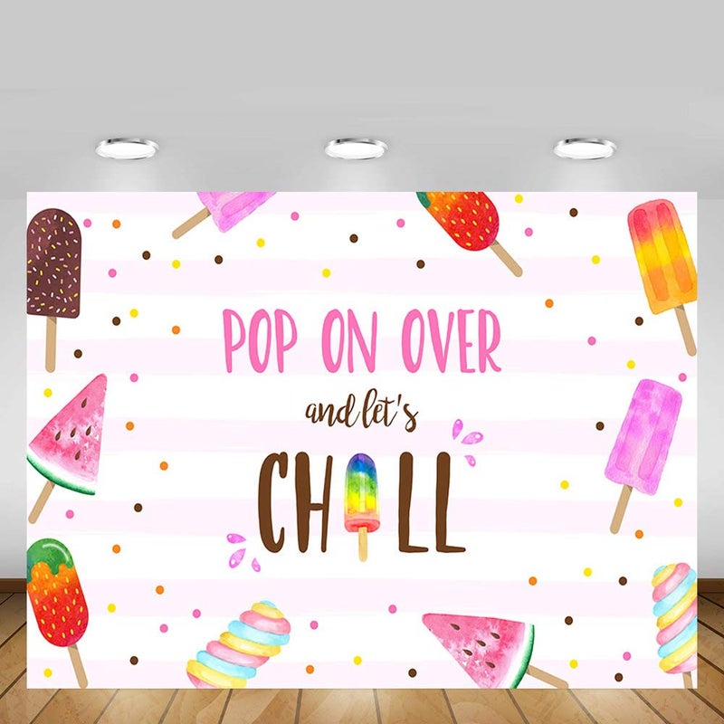 MEHOFOND Summer Popsicle Party Backdrop Pink Pool Pop On Over and Let's Chill Swim Girl Birthday Baby Shower Background Photography Photo Booth Banner for Cake Table Supplies 7x5ft - Image 2